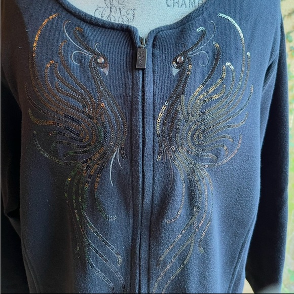 Bob Mackie Sweaters - BOB MACKIE Wearable Art Black Sweater Zip Jacket Peacock Thunderbird Phoenix 3X